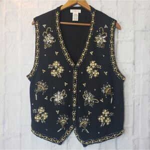 VINTAGE YARNWORKS Beaded & Sequined Holiday Button Front Sweater Vest Large